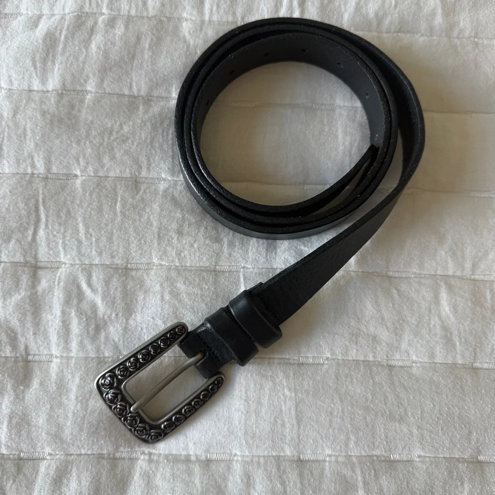 Martin Dingman bridle Leather Belt black rose buckle silver size 38